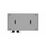 Back view of a light grey rectangular LED lighting control unit with two keyhole mounts and two cable glands.