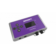 Purple and silver SECRET LED lighting controller with display, arrow buttons, and output ports for smart bioengineering.