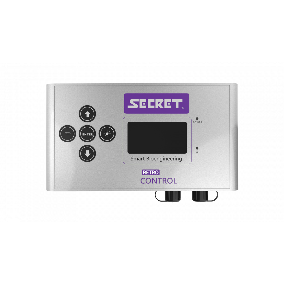 Silver SECRET Retro Control unit for Smart Bioengineering LED lighting, with screen, buttons, and power indicators.