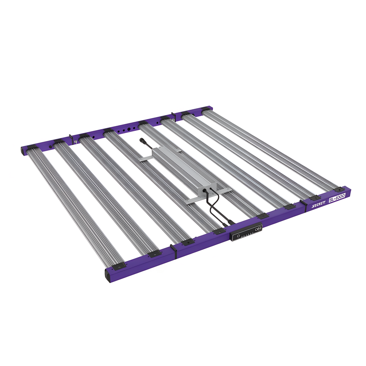 Purple SECRET SL-1000 LED grow light with multiple silver light bars and a central power unit, for horticultural use.