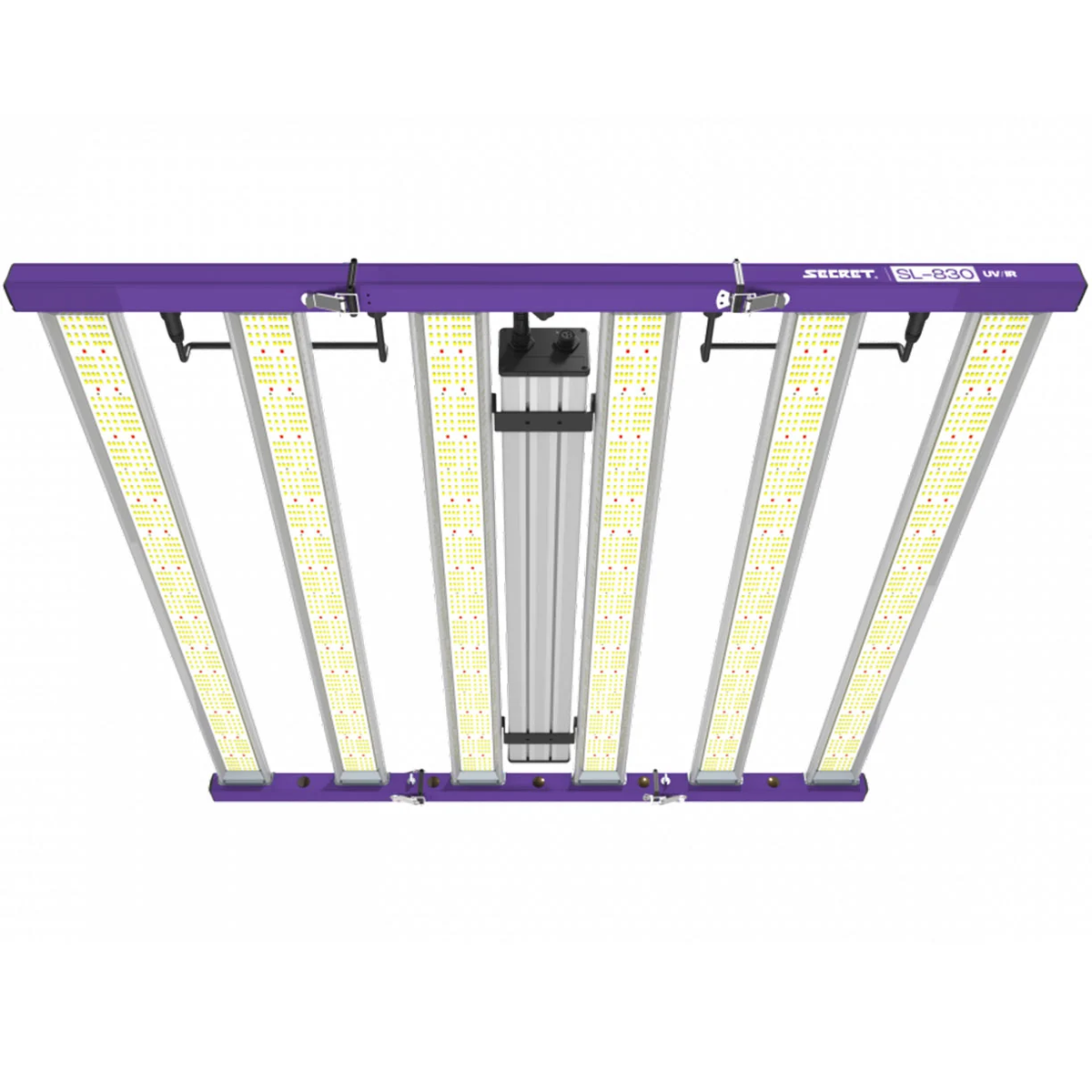 SECRET SL-830 UV+IR LED grow light with a purple frame, multiple light bars, and bright yellow-white LEDs for plants.