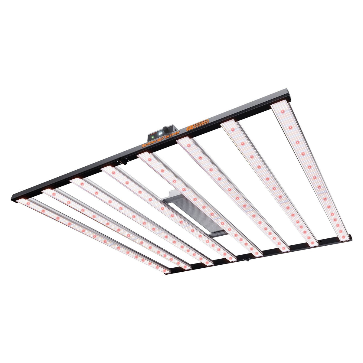Spider Farmer G1000W full spectrum LED grow light with 8 illuminated bars and white & red LEDs on a black frame.