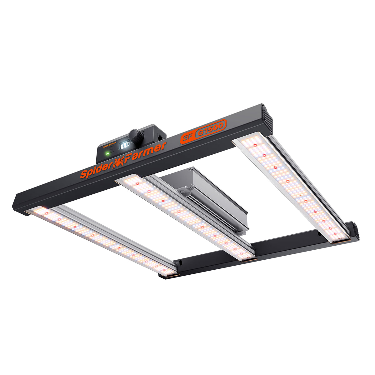 Spider Farmer SF G1500 smart LED grow light with full-spectrum illuminated bars, digital display, and control knob.