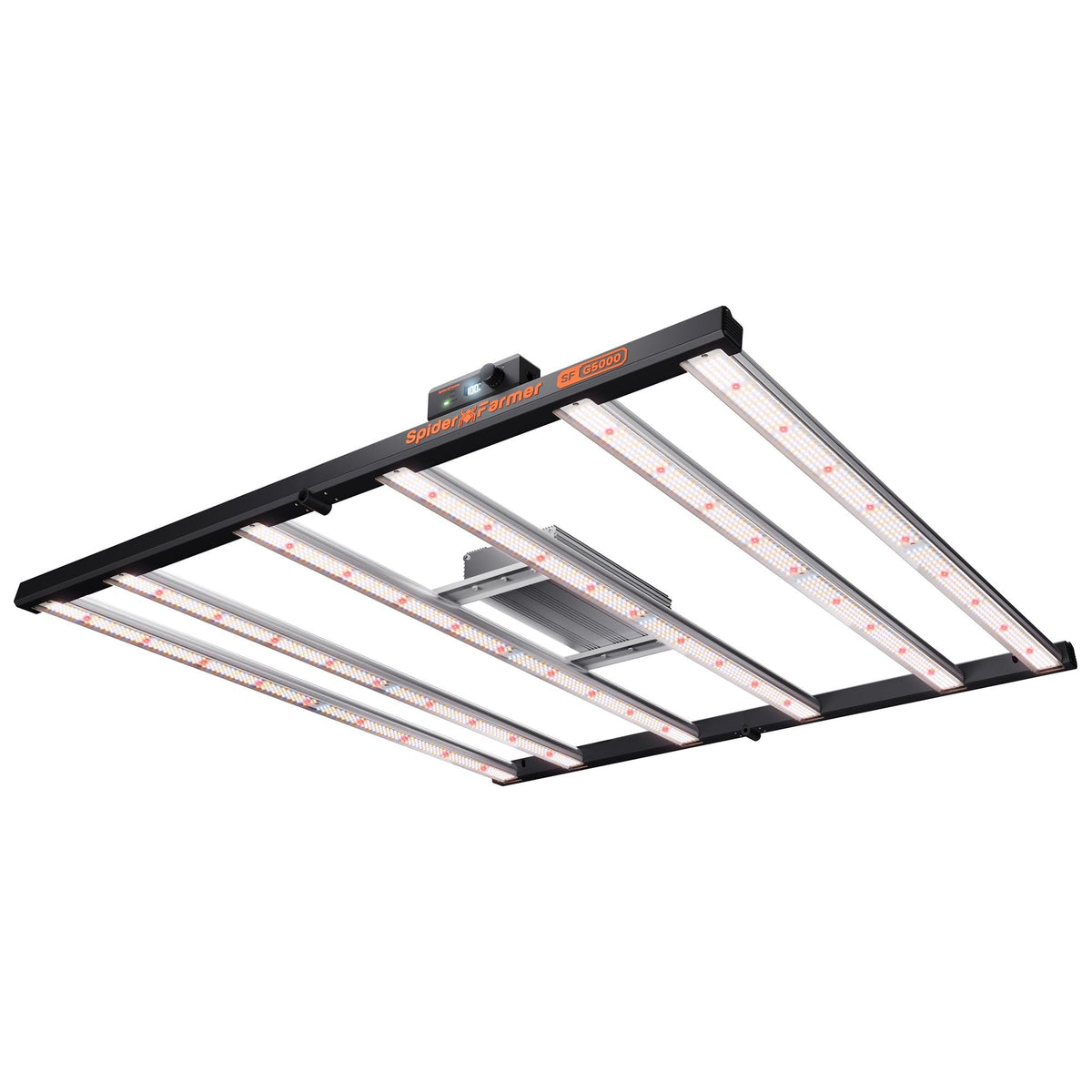 Black Spider Farmer SF G5000 LED grow light with multiple parallel full spectrum white and red LED bars.