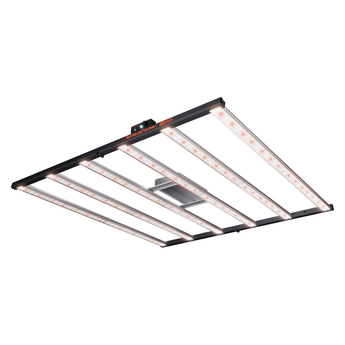 Spider Farmer G8600 full spectrum LED grow light. Black frame with 8 bright light bars and a control panel.
