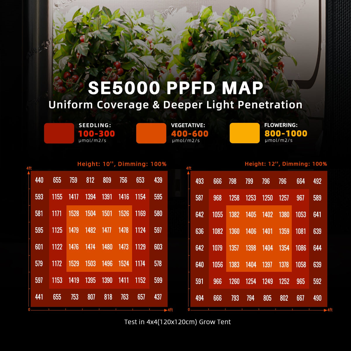 Spider Farmer SE5000 Full Spectrum LED Grow Light PPFD