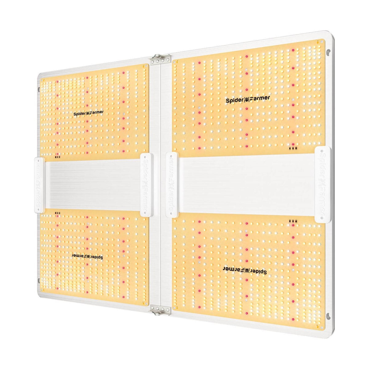 Spider Farmer SF7000 foldable white LED grow light, displaying four panels packed with yellow and red full-spectrum diodes.