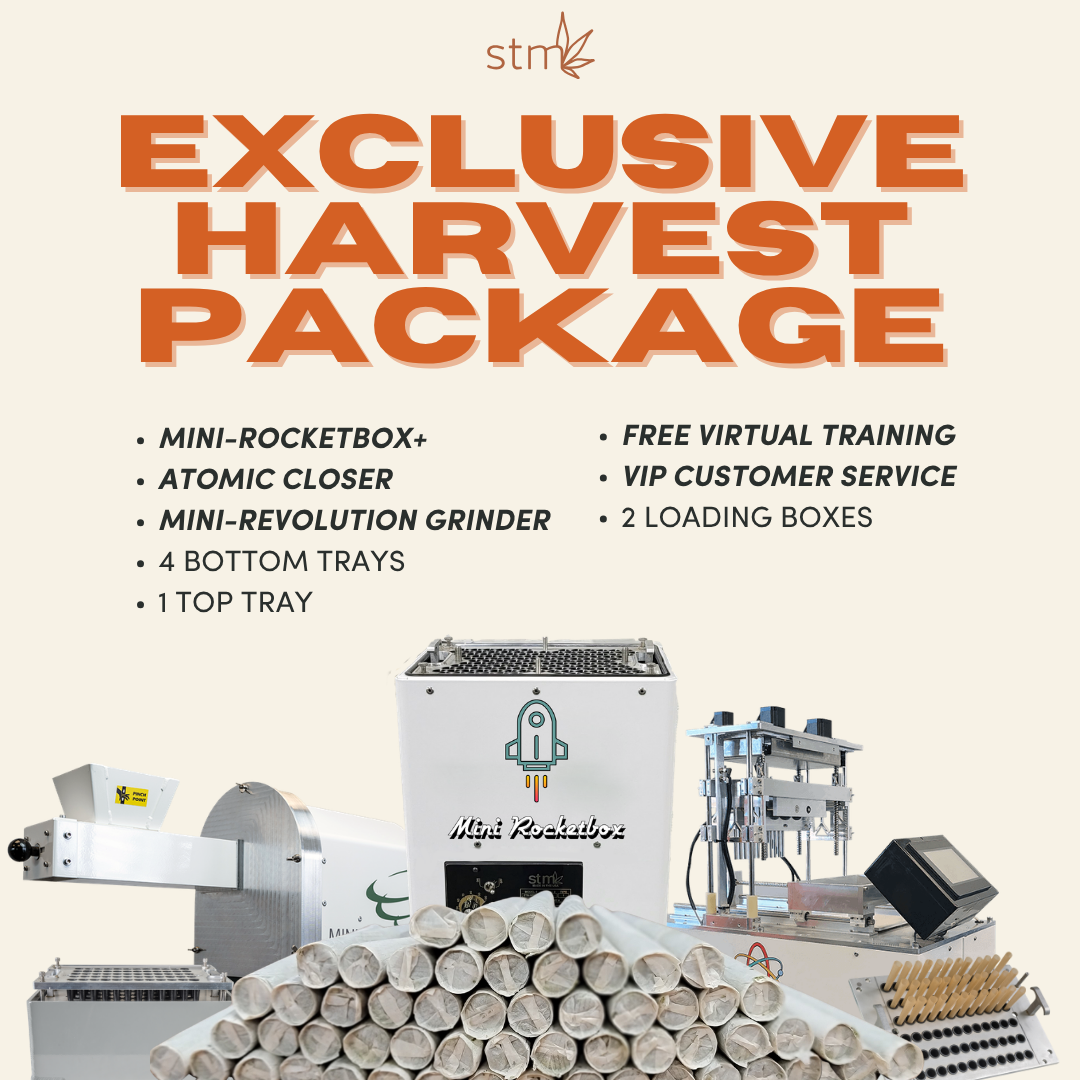 STM Canna Exclusive Harvest Package: includes Mini Rocketbox, Atomic Closer, grinder, trays, training, and VIP service.