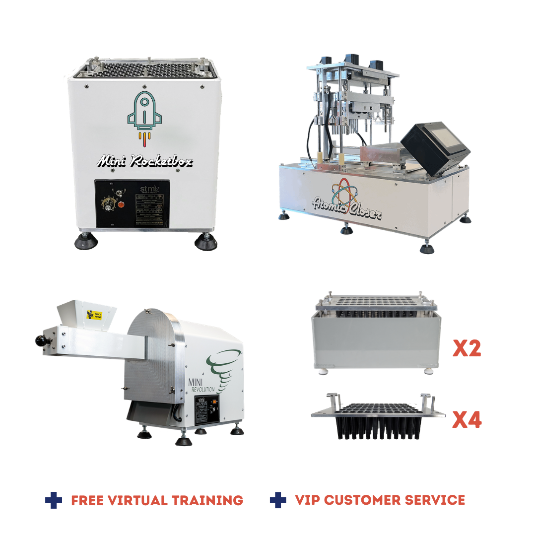 Stm Canna exclusive harvest package: Mini Rocketbox, Atomic Closer, Mini Revolution, and seed trays.