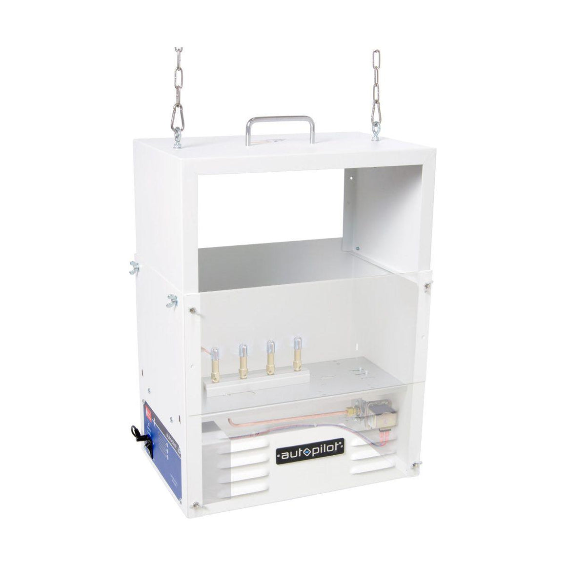 White AutoPilot CO2 generator with four burners, suspended by chains, on a white background.