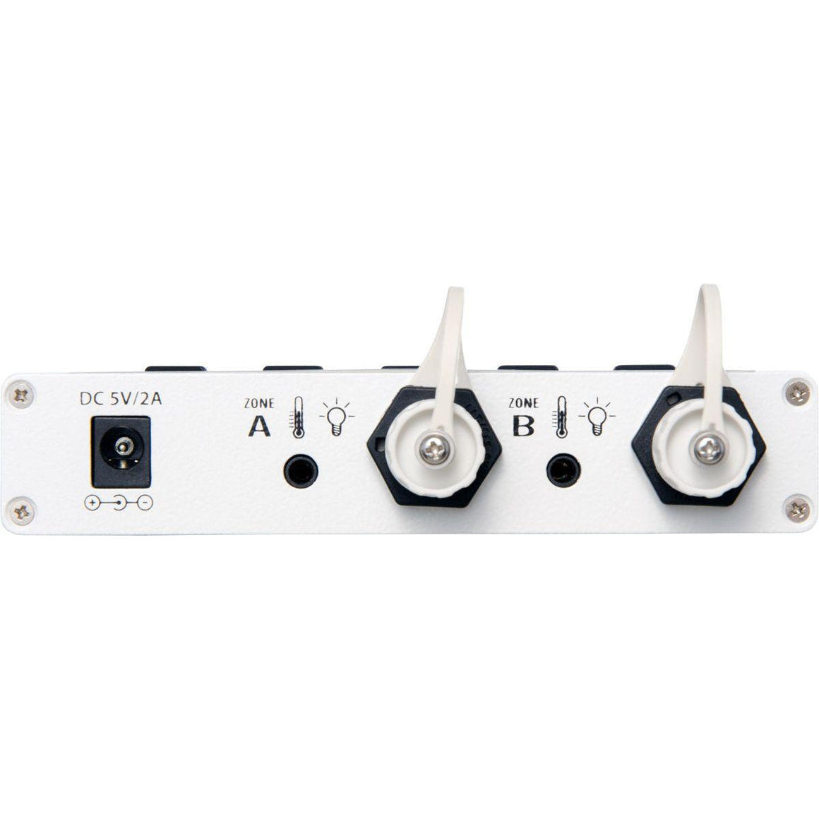 White lighting controller with two zones, DC power input, and two knobs.