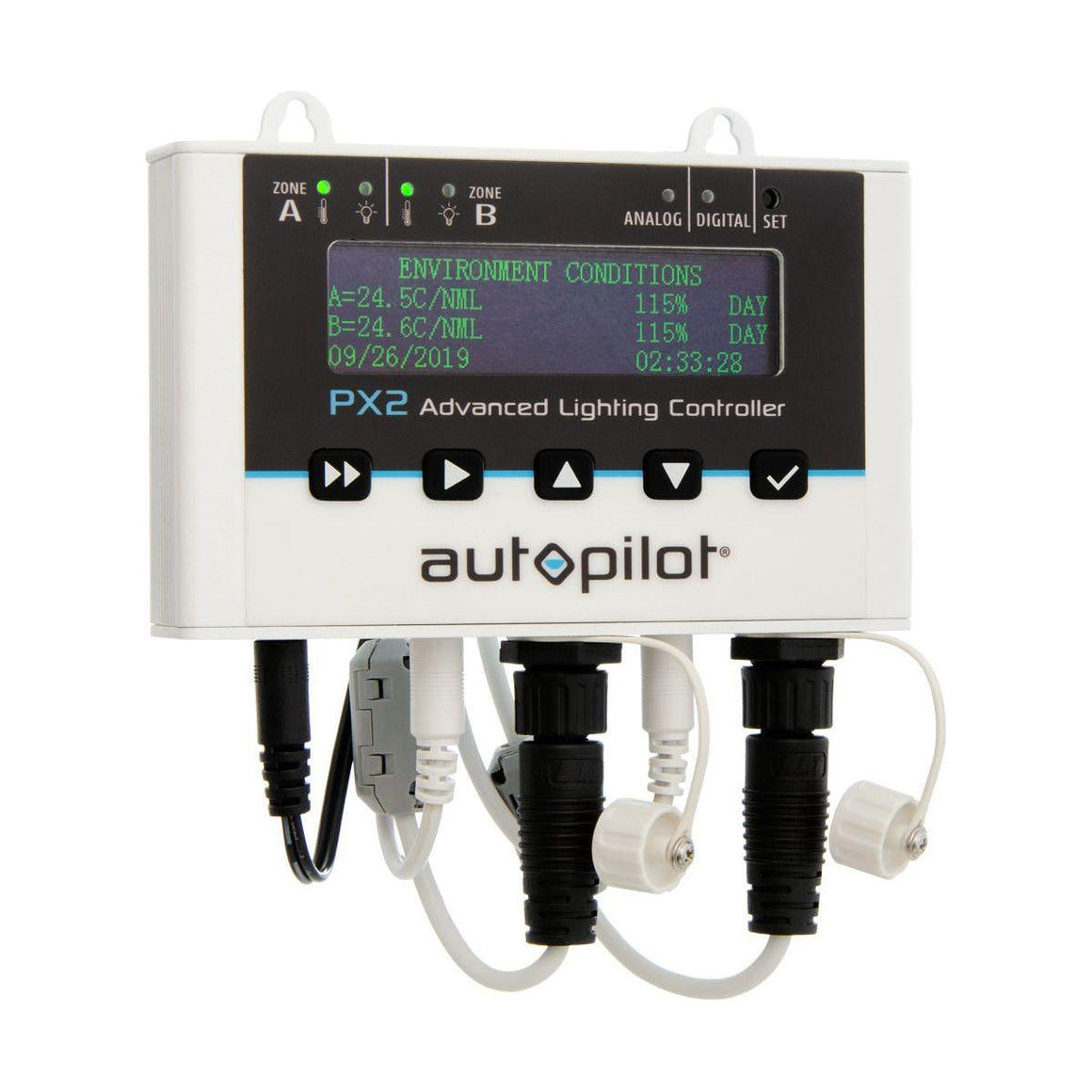 Autopilot PX2 advanced lighting controller with digital display, buttons, and cords.