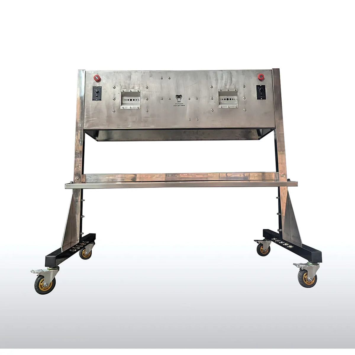 Industrial dual-station hemp debudder and bucking machine in stainless steel, mobile on casters with control panels.