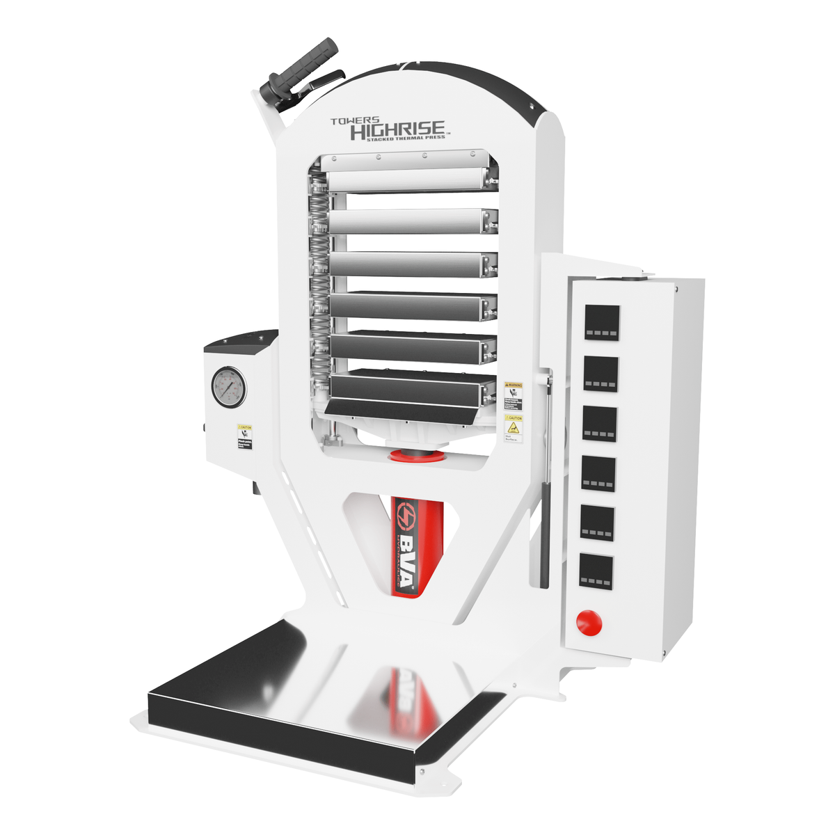 Towers Highrise stacked rosin press with multiple heated plates and a red hydraulic cylinder.