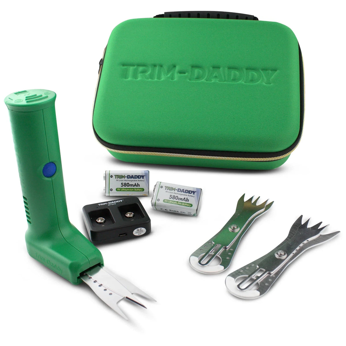 Green Trim-Daddy cordless trimmer kit with batteries, charger, and two blades.