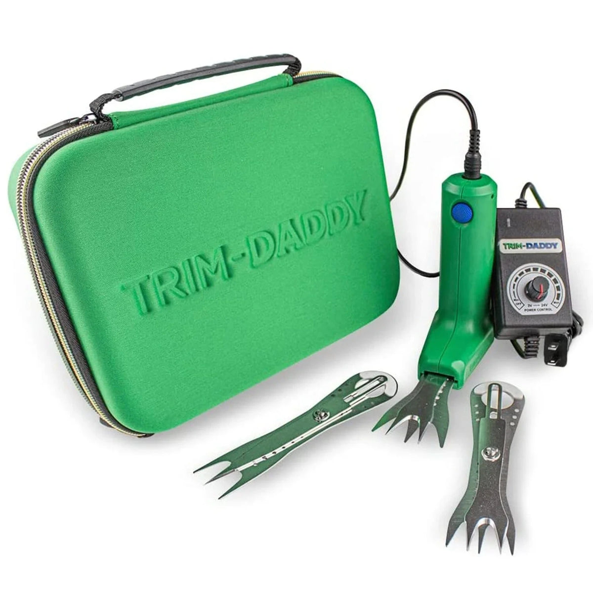 Green Trim-Daddy trimmer kit with case and interchangeable blades.