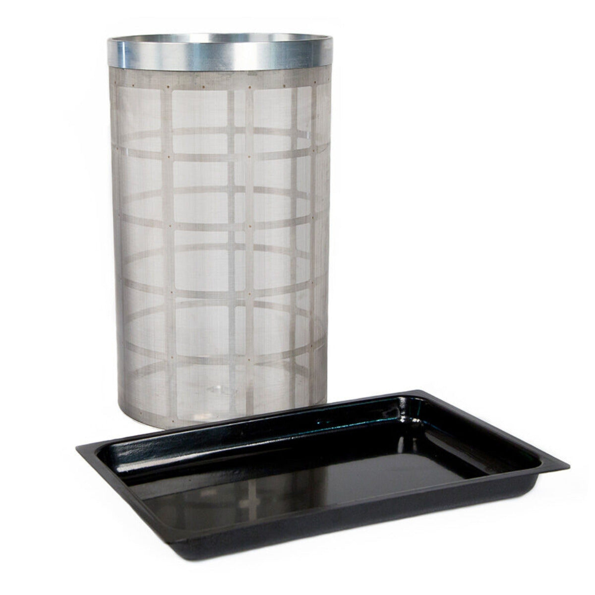 Silver mesh kief tumbler with a black tray.
