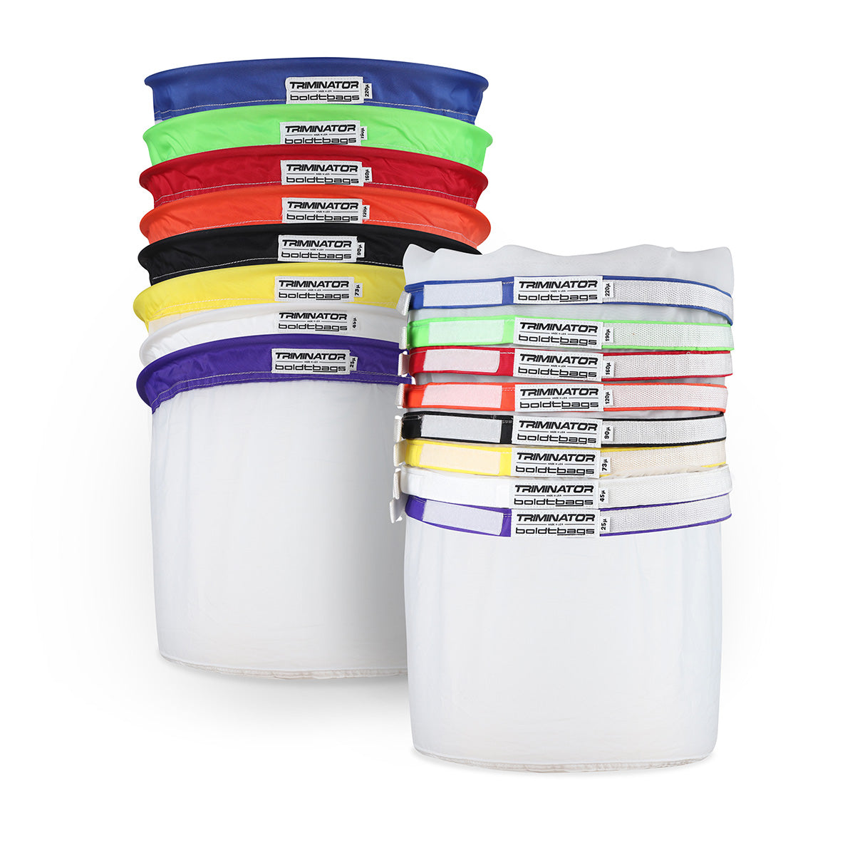 Two stacks of colorful Triminator BoldtBags bubble hash filter bags, showing various micron sizes (220µ-25µ).