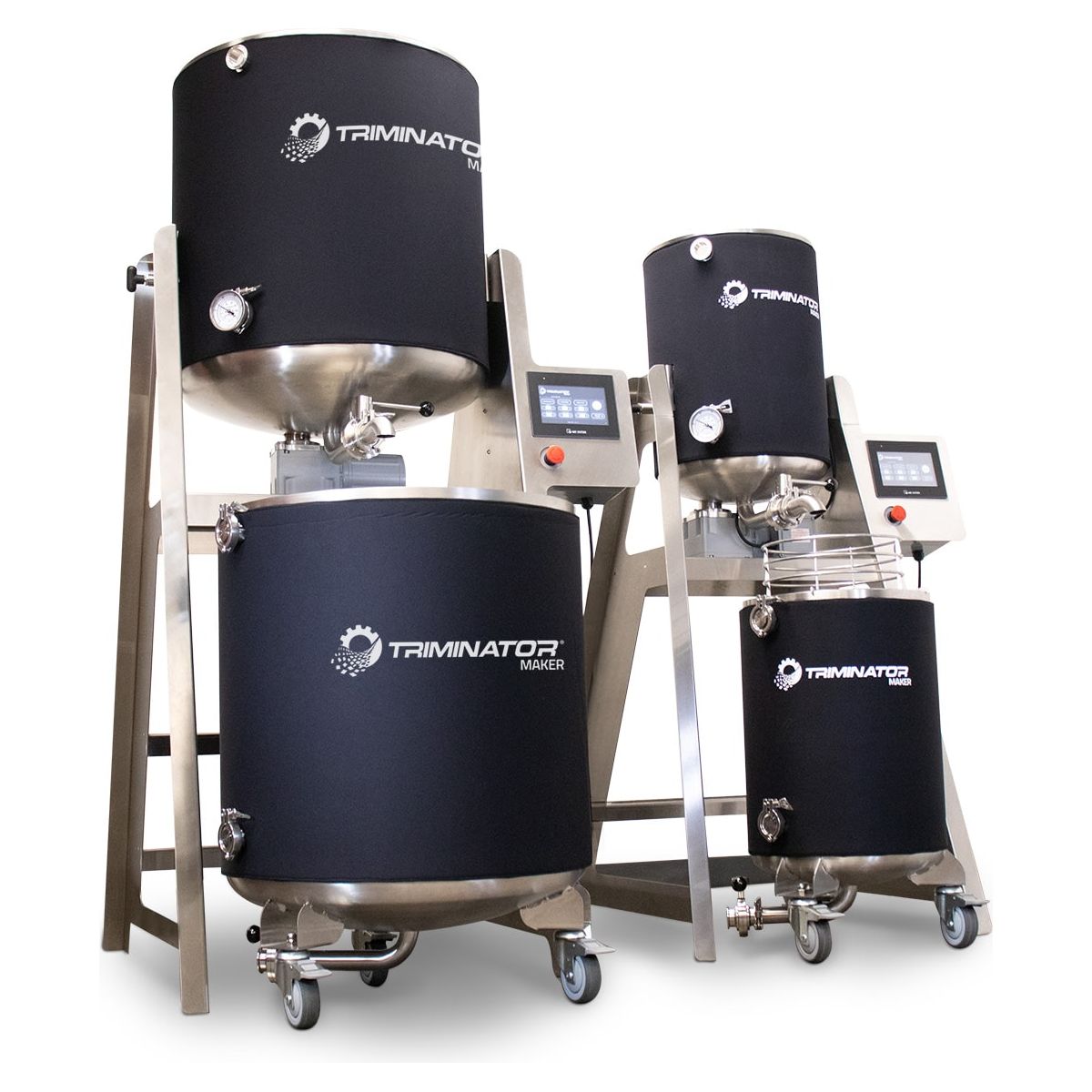 Two stainless steel, black-jacketed bubble hash washing machines, labeled "TRIMINATOR MAKER."