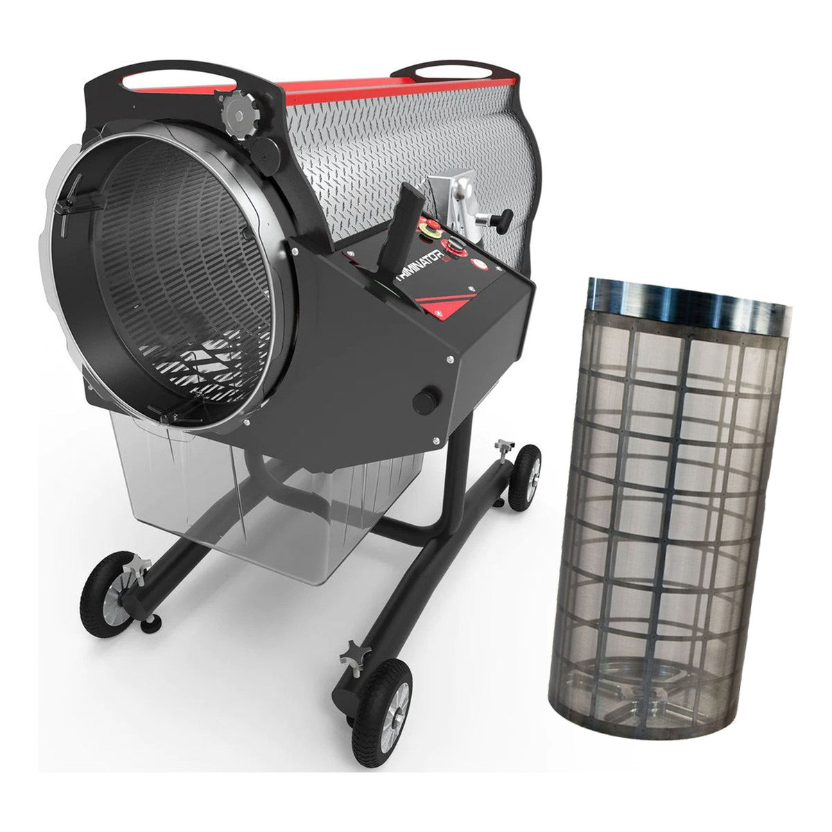 Triminator XL dry bud trimmer with a separate mesh collection tumbler, featuring a black frame, red accents, and transparent collection bin.