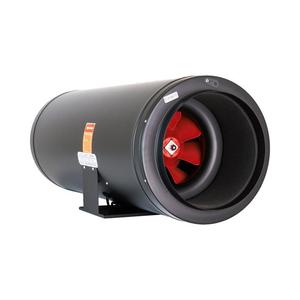 Black inline duct fan with red impeller and black silencer sleeve on white background.