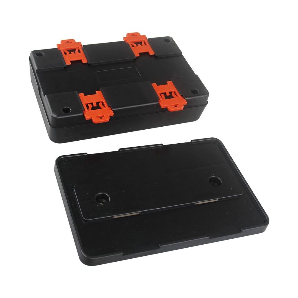 Black plastic box with orange latches, one part open, revealing the lid.