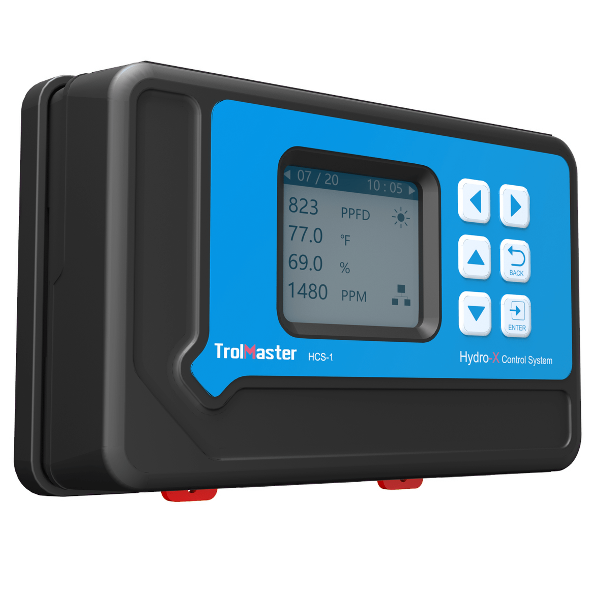 TrolMaster Hydro-X HCS-1 control system with blue display showing temp, humidity, and PPFD.