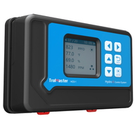 TrolMaster Hydro-X HCS-1 control system with blue display showing temp, humidity, and PPFD.
