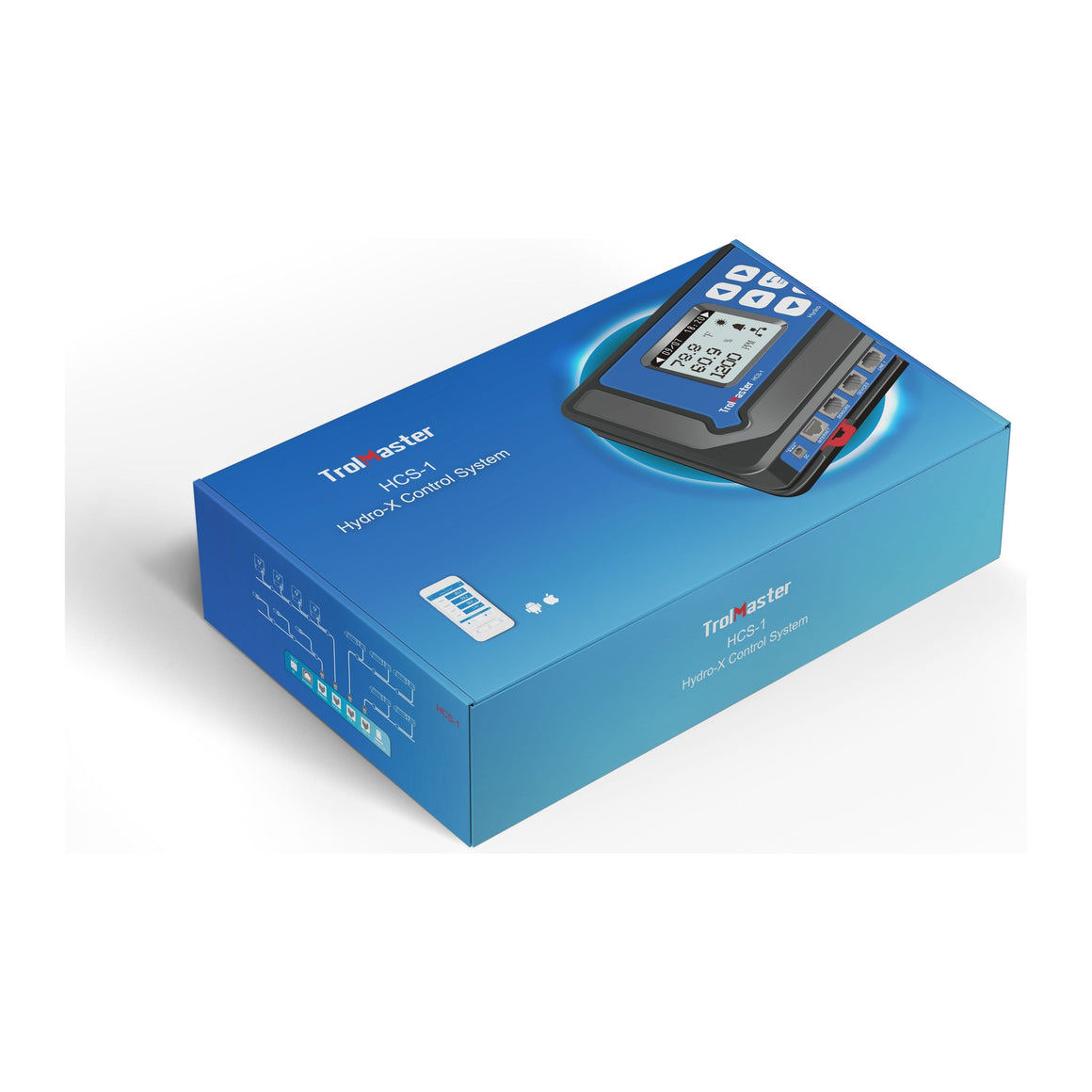 Trollmaster Hydro-X HCS-1 box features a digital controller with ports and a diagram of a hydroponic system.