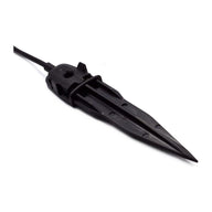 Black plastic spike with a cable for landscape lighting or garden use.