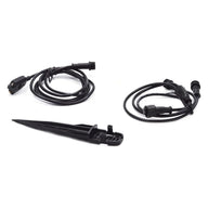 Black garden lights' power cables and stake on white background