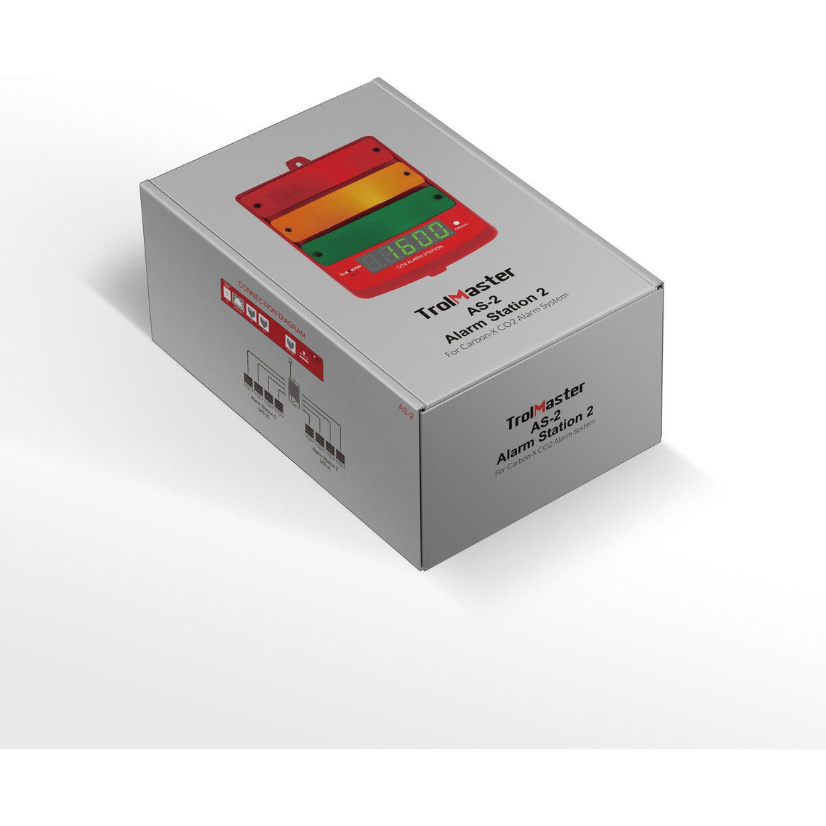 Box with "TrolMaster AS-2 Alarm Station 2" and connection diagram.