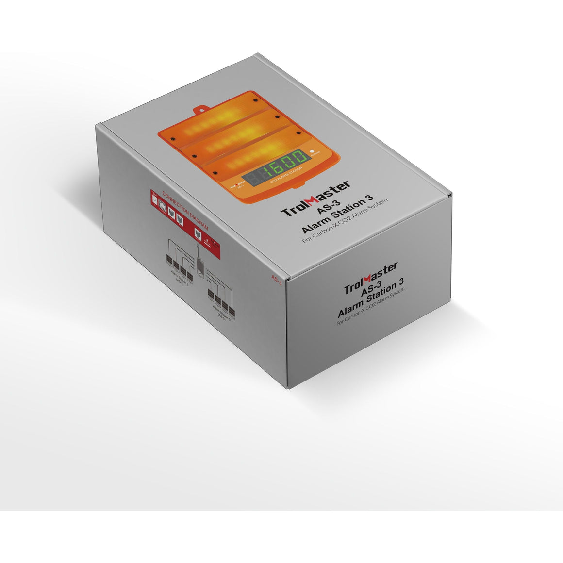 TrolMaster AS-3 Carbon-X CO2 Alarm Station with amber lights and digital display, shown on a box with connection diagram.