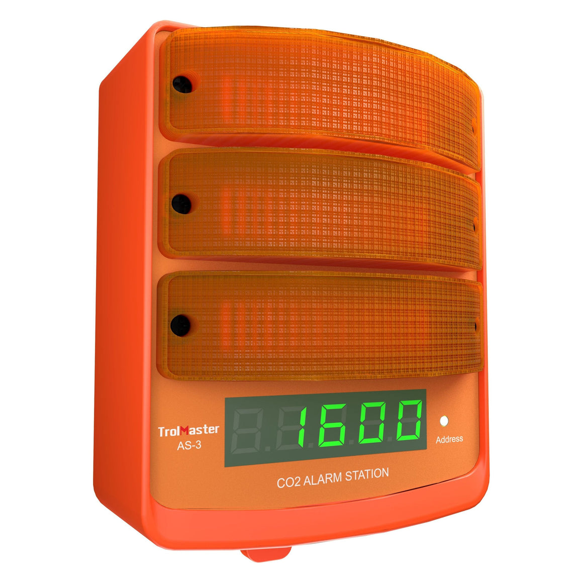 Orange CO2 alarm station with amber lights and a digital display showing "1600".