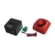 Black TrolMaster CO2 alarm control box and red strobe light with wiring and connector.