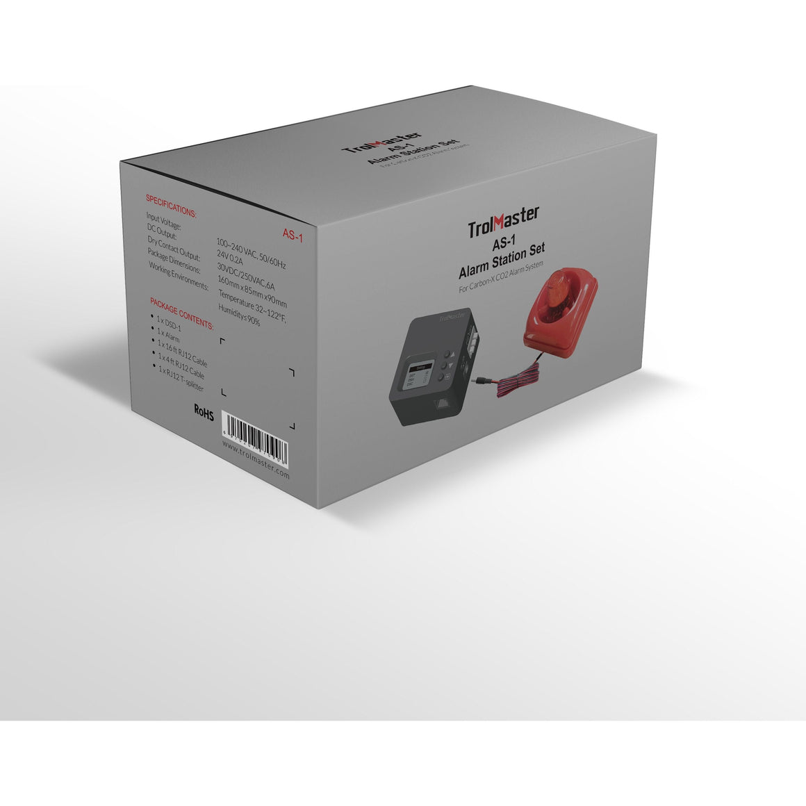 Trolmaster AS-1 Carbon-X CO2 Alarm Station box with specs, package contents, and image of alarm.