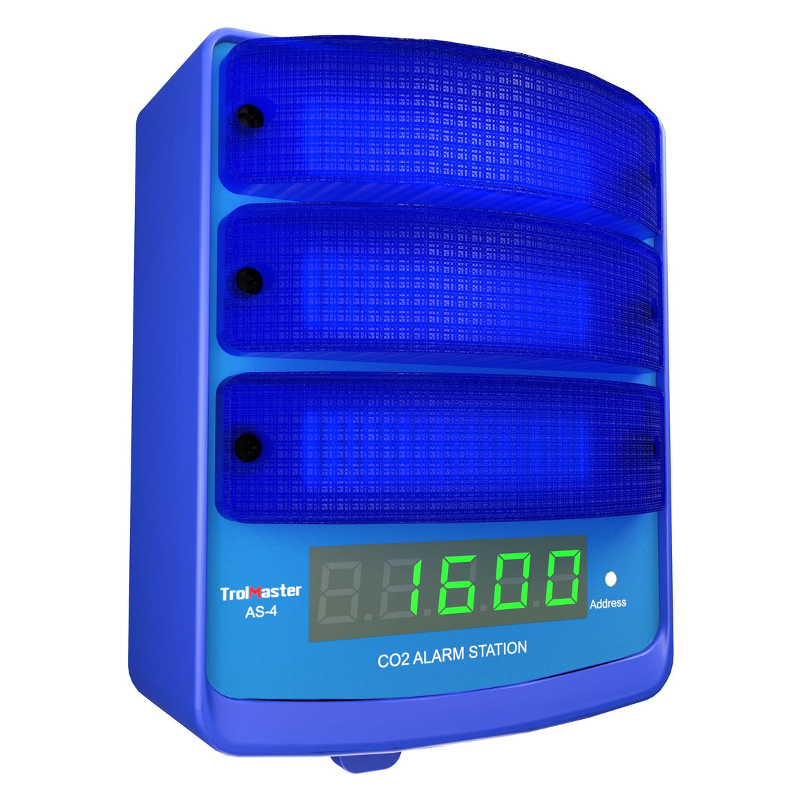 Blue CO2 alarm station with three flashing blue lights and a green digital display showing "8.8.1600".