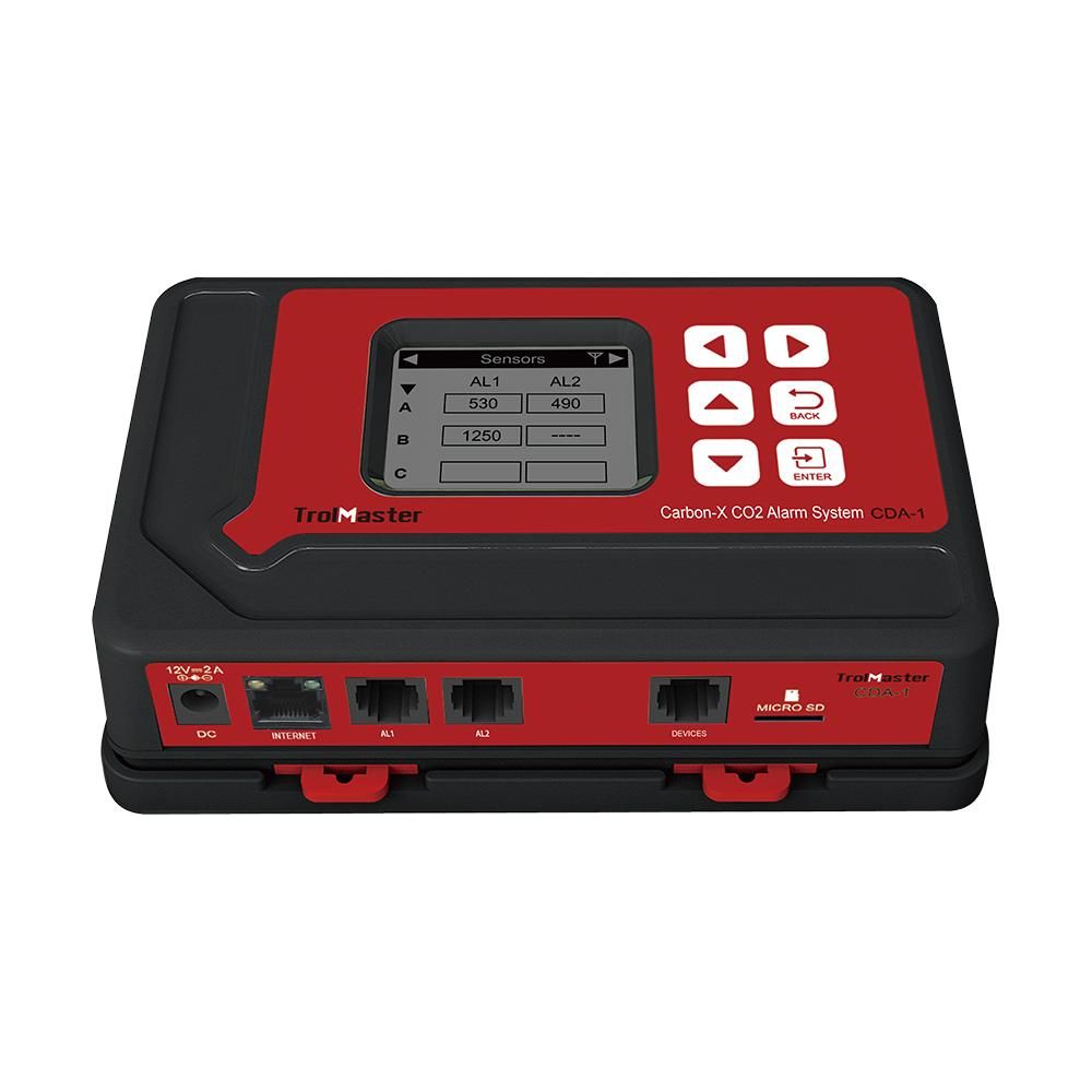 TrolMaster Carbon-X CO2 Alarm System CDA-1 with a digital display and sensor readings.