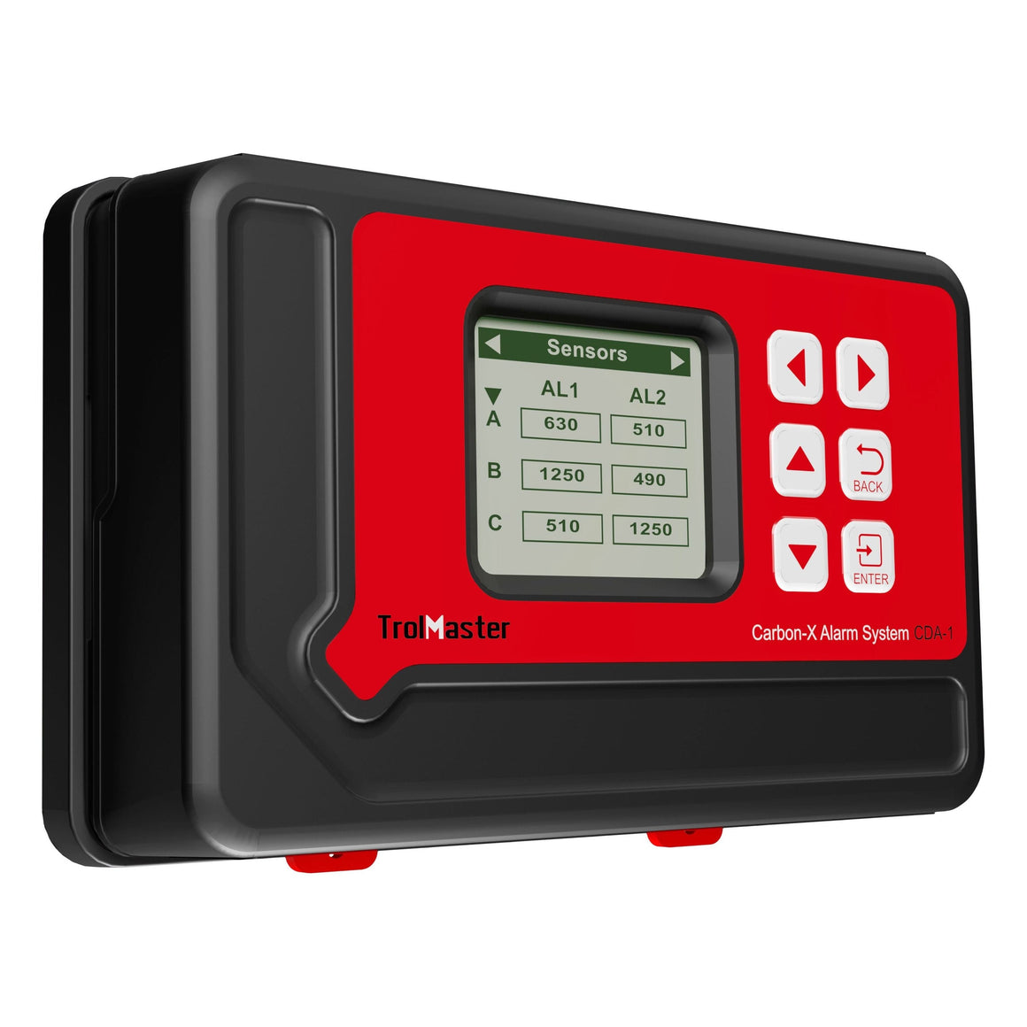 Carbon-X Alarm System CDA-1 with a red and black casing, showing sensor readings on a digital display.