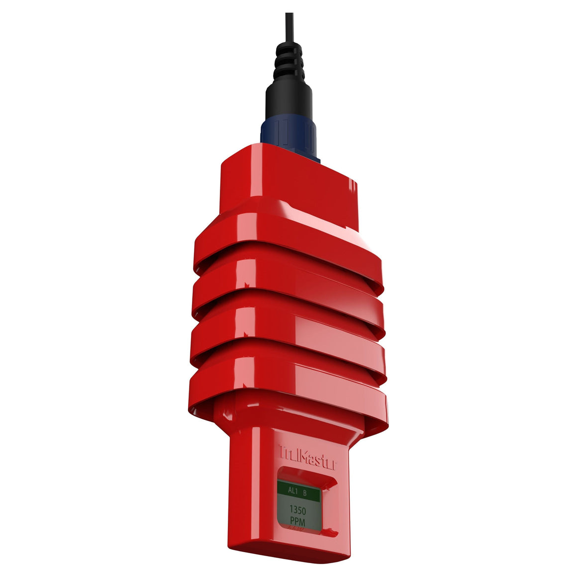 Red carbon dioxide sensor with display showing "1350 PPM", suspended by a black cable.