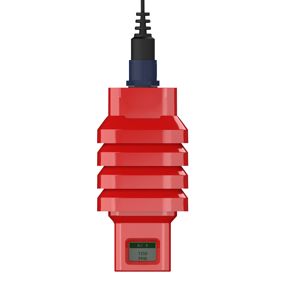 Red CO2 sensor with a display reading "1350 PPM".