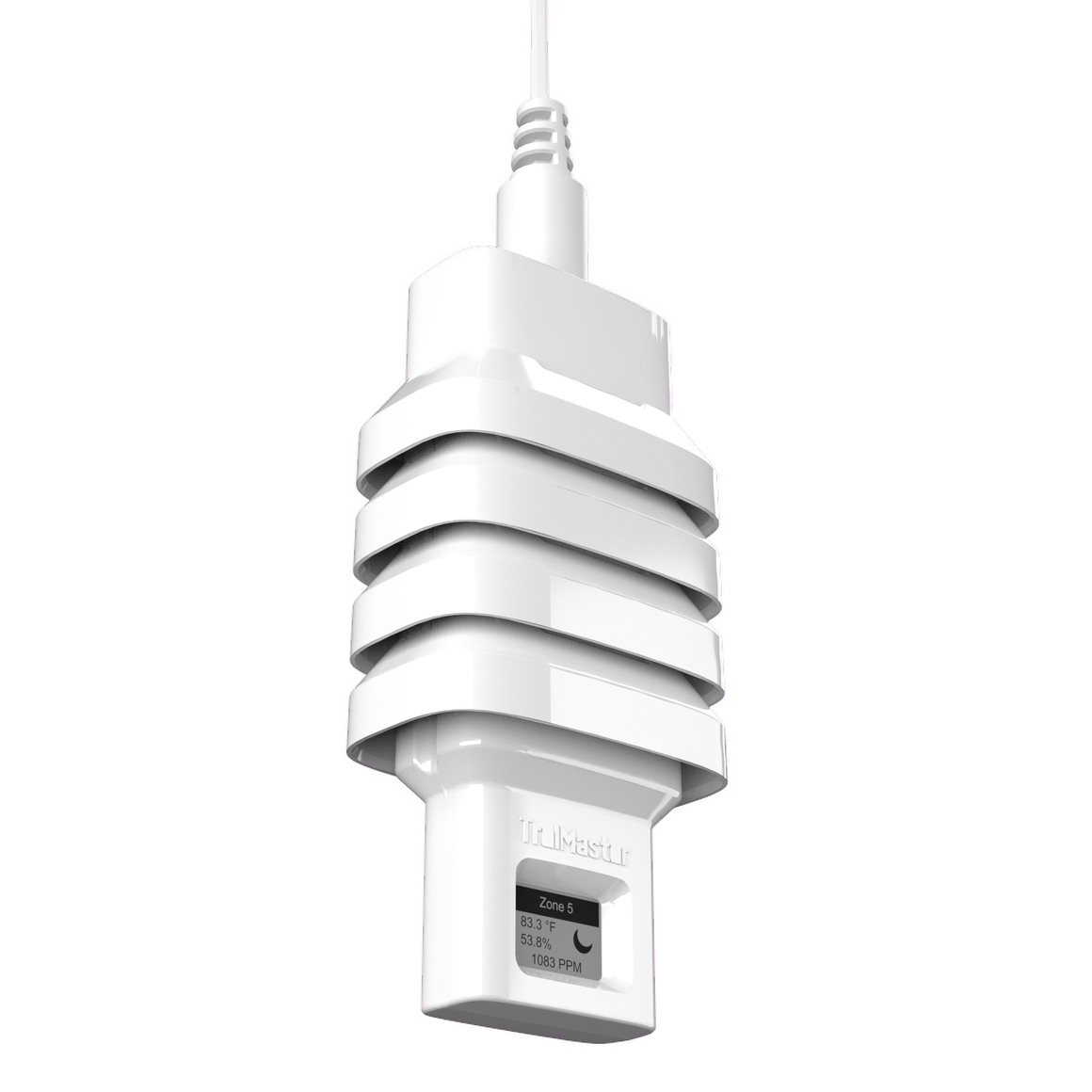 White TruMaster Hydro-X 4-in-1 sensor with display showing Zone 5, 83.3°F, 53.8%, 1083 PPM.