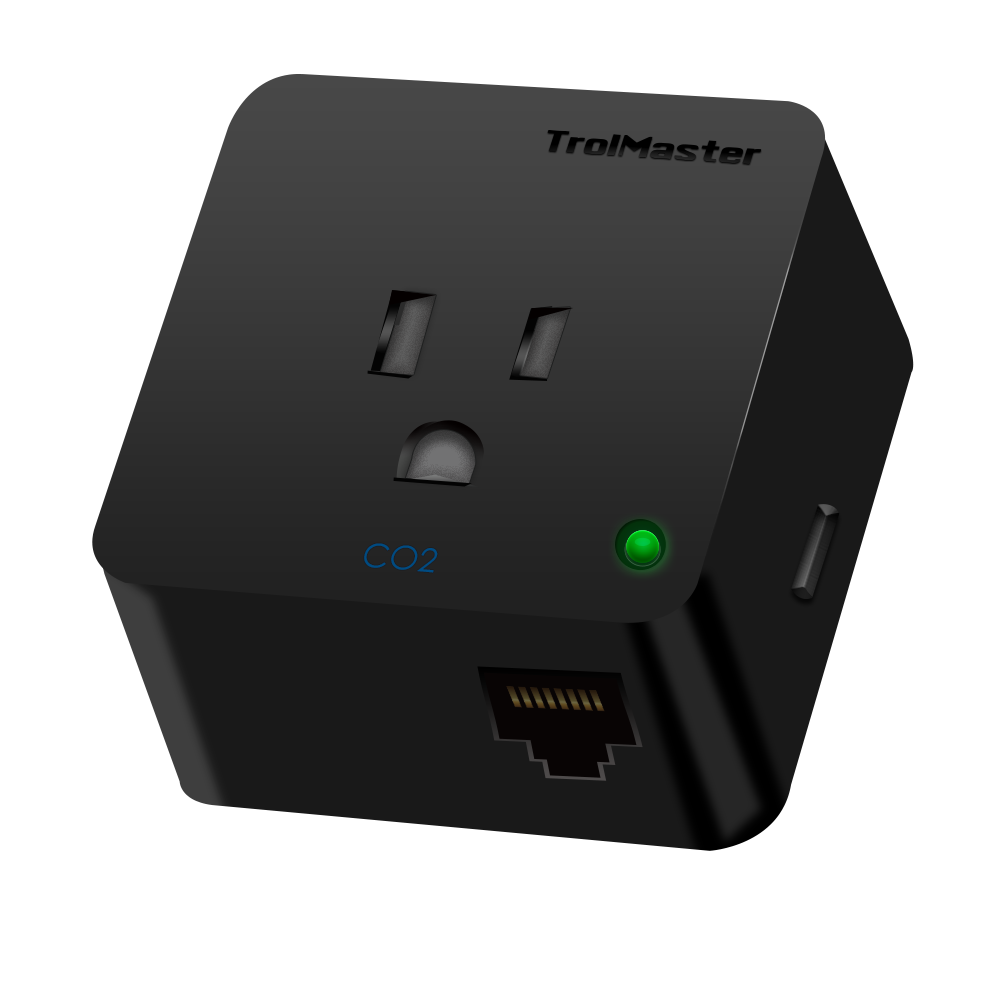 A black TrolMaster Hydro-X CO2 device station with an Ethernet port and a green light.