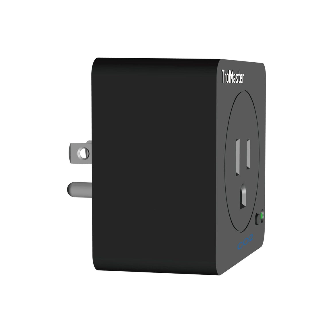 Black TrolMaster Hydro-X CO2 device station with a US plug, outlet, and green indicator light.