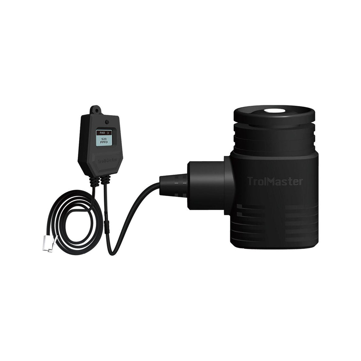 Black TrolMaster Hydro-X quantum sensor with digital display showing "PAR 3 523 PPFD".