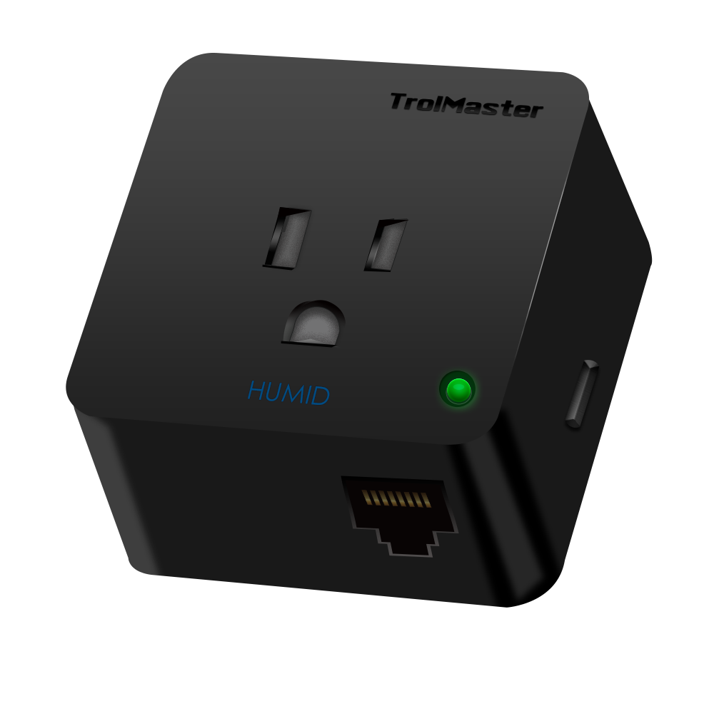 Black "TrolMaster" smart plug with "HUMID" label, green indicator light, and RJ45 port.