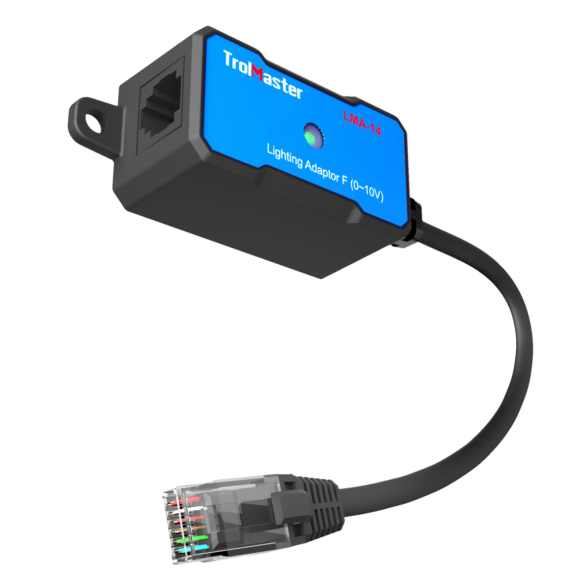 A TrolMaster LMA-14 lighting adapter with an RJ45 connector and black cable.