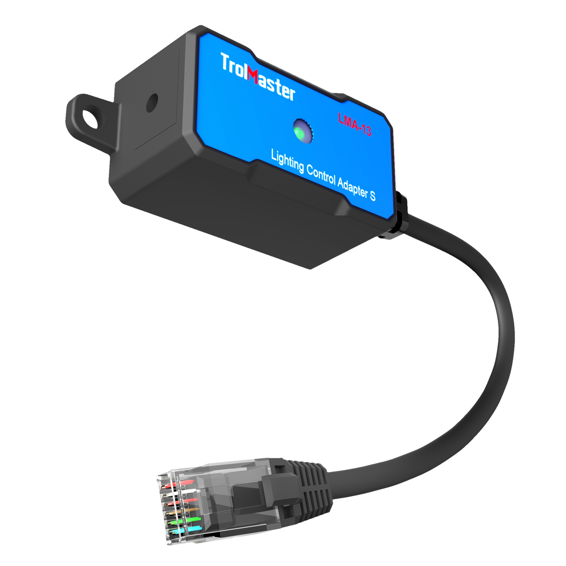 3D render of a black TrolMaster LMA-13 lighting control adapter with a blue faceplate and RJ45 connector.