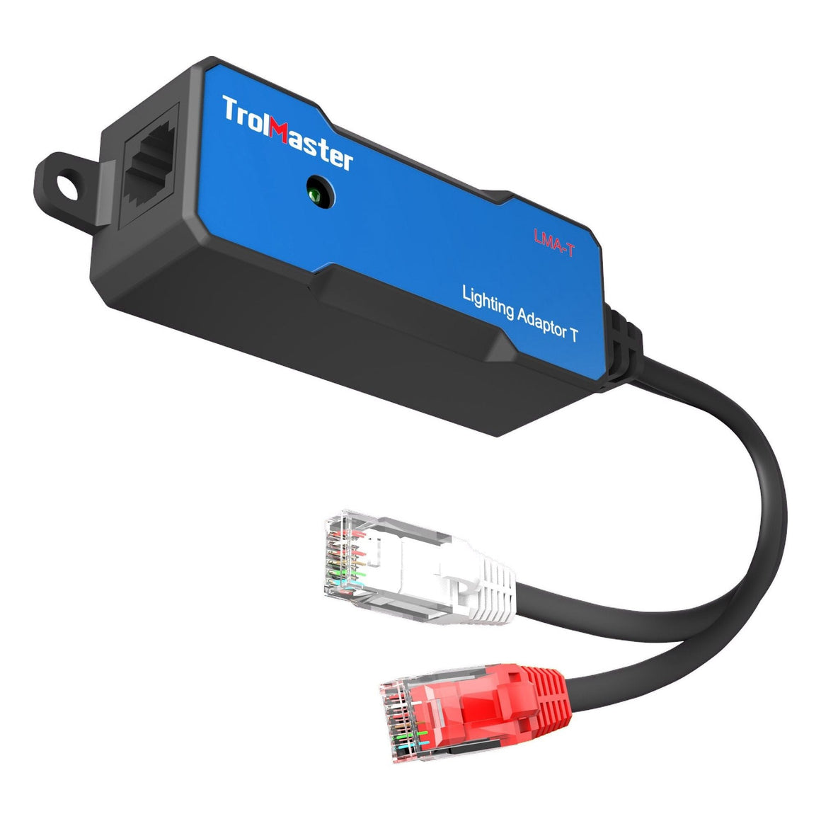 TrolMaster Lighting Adaptor T (LMA-T) with RJ45 ports, one white and one red, on a black cable.