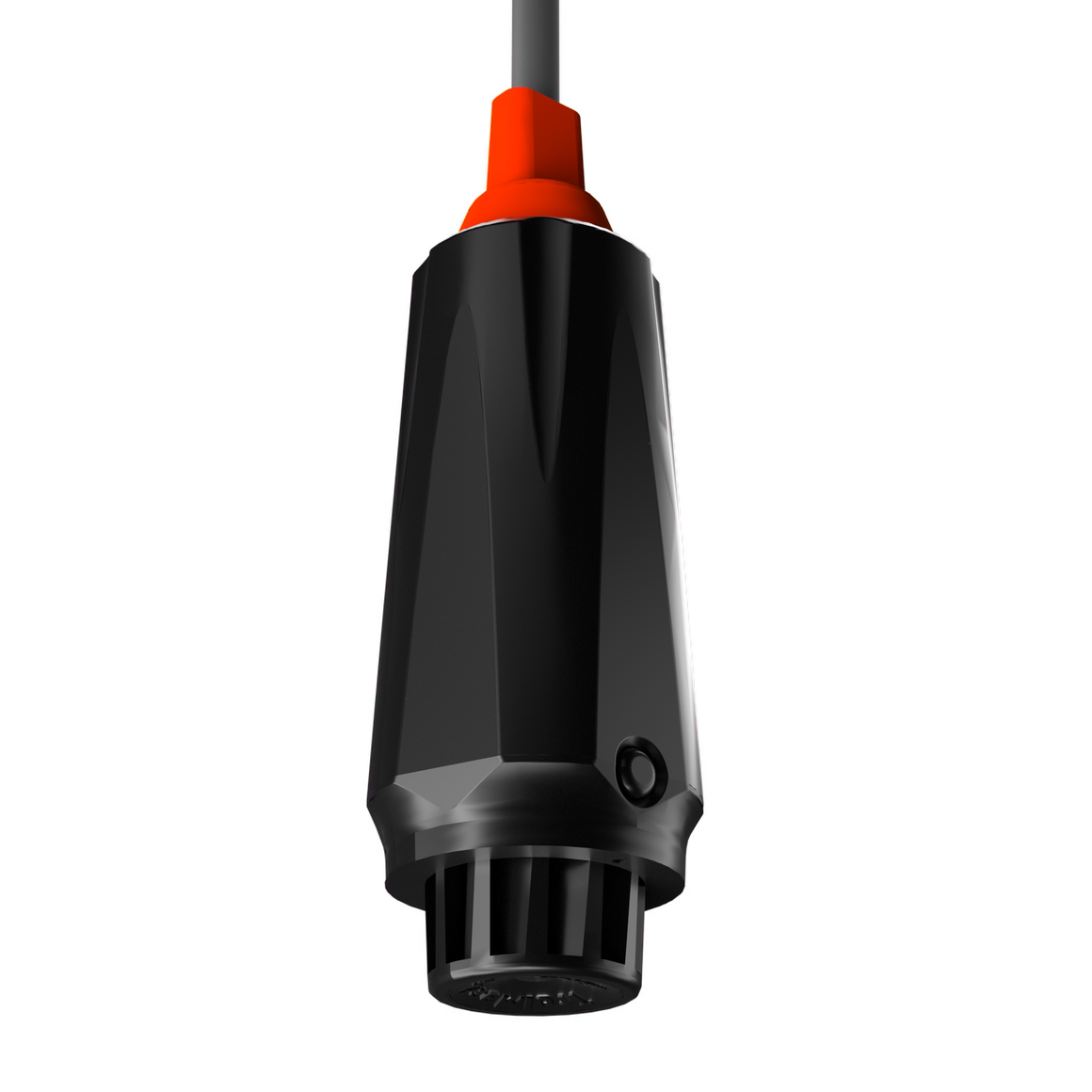 Black, cone-shaped smoke detector with orange accents and a ribbed base, hanging from a gray cable.